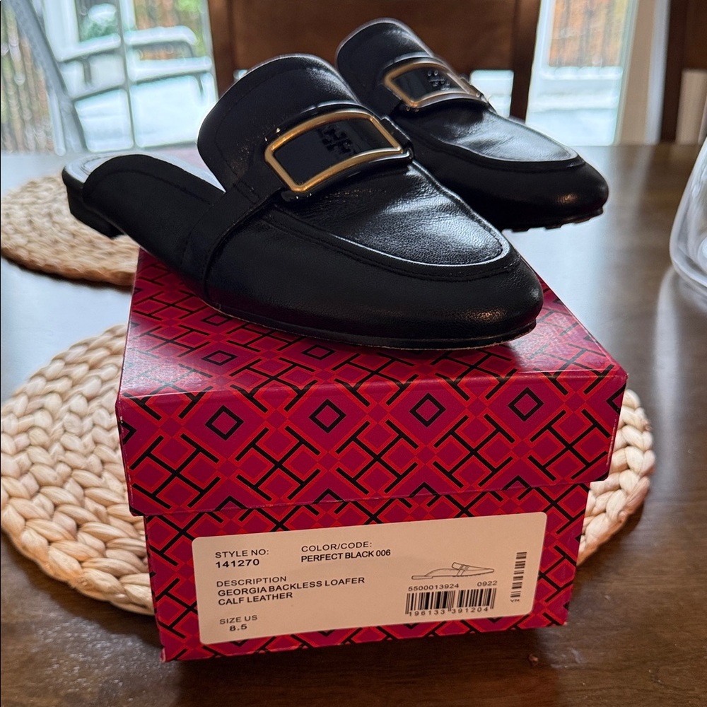 Tory Burch Black Leather Georgia Loafer with Gold Buckle size 8.5